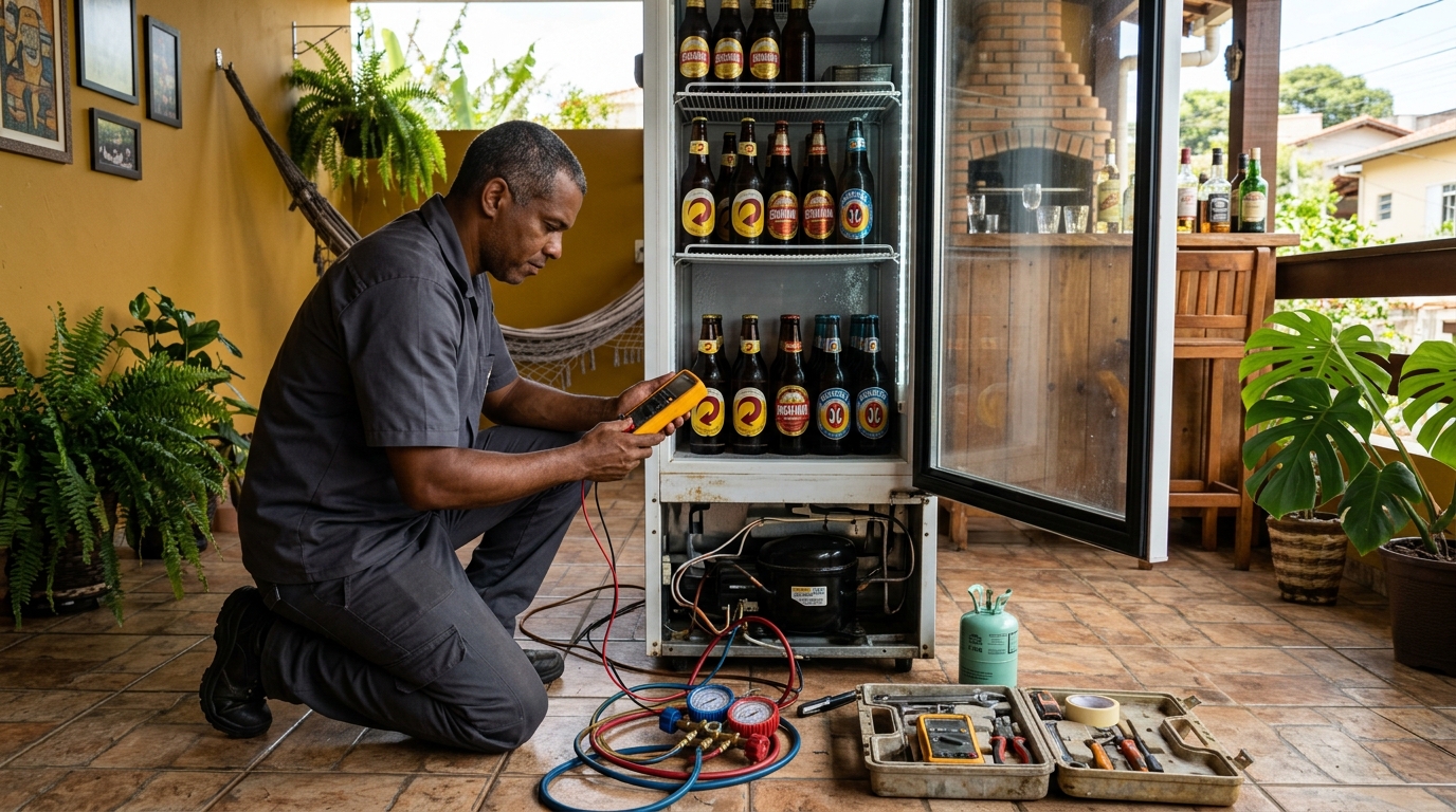 Placa eletrônica de cervejeira em reparo na bancada em São Luís‑MA