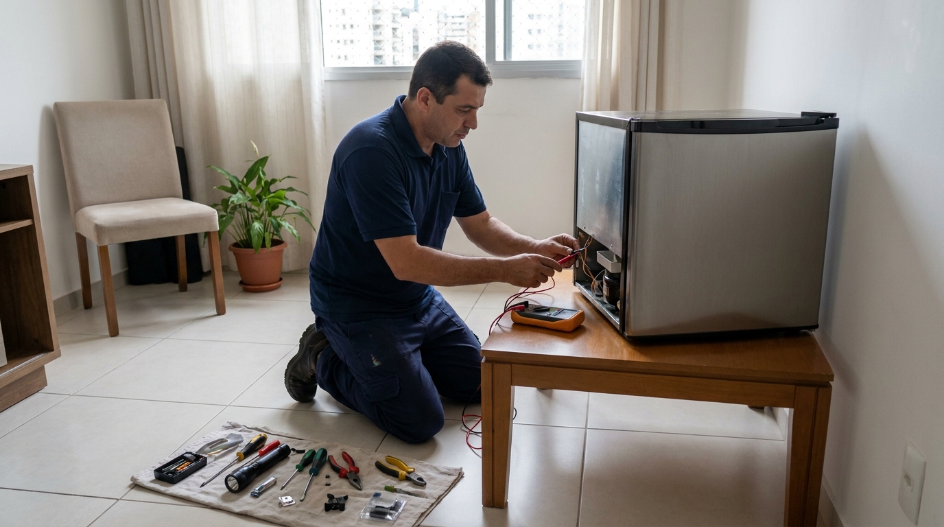 Técnico revisando o motor de um frigobar em São Luís‑MA
