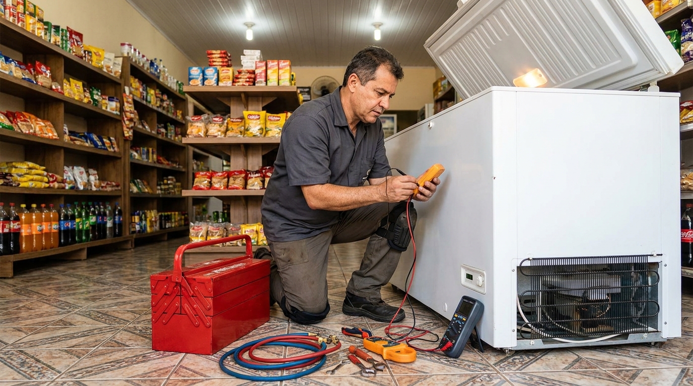 Manômetro conectado ao circuito durante recarga de gás de freezer em São Luís‑MA