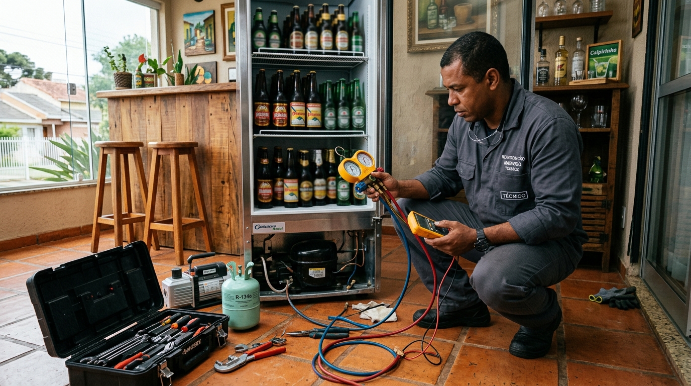 Técnico conferindo a temperatura de uma cervejeira durante atendimento em São Luís‑MA