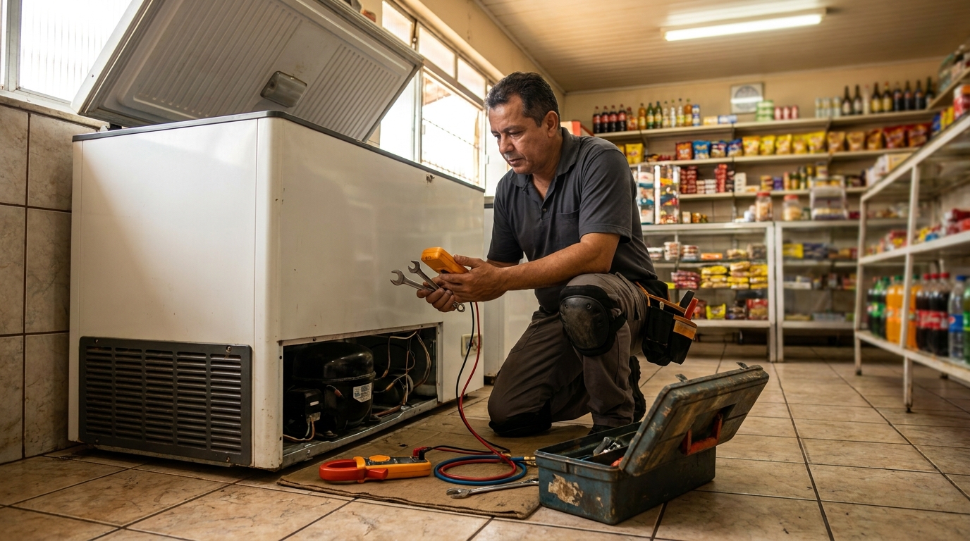 Técnico avaliando um freezer vertical durante atendimento em São Luís‑MA